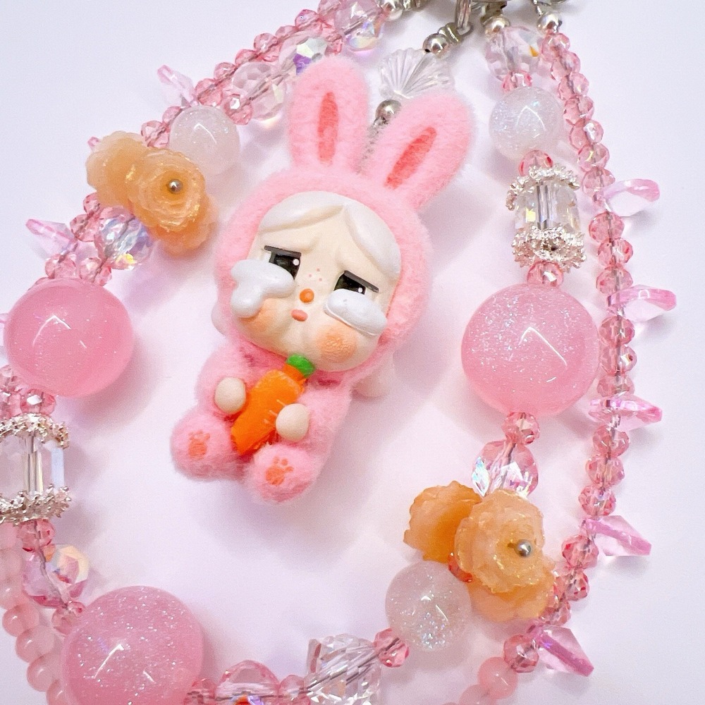 Pop Mart Cry Baby Fuzzy Bunny Phone & Bag Charms Beaded Keychain Charm Handmade